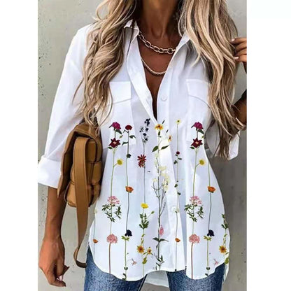 Women's Loose Flower Print Long-sleeved Shirt