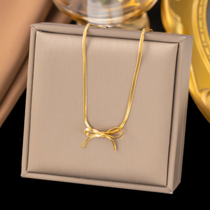 Gold Plated Stainless Steel Snake Chain Necklace with Bowknot Charm - Trendy Choker for Women