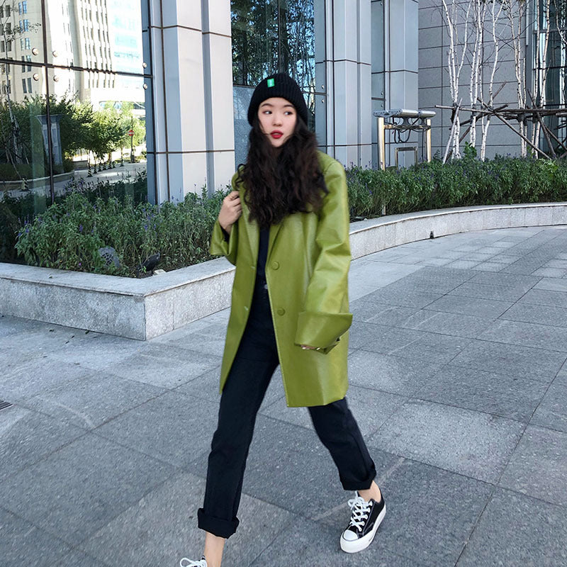 Web Celebrity Autumn Winter Women’s PU Leather Coat