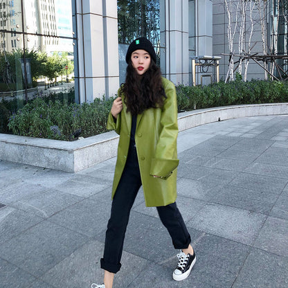 Web Celebrity Autumn Winter Women’s PU Leather Coat