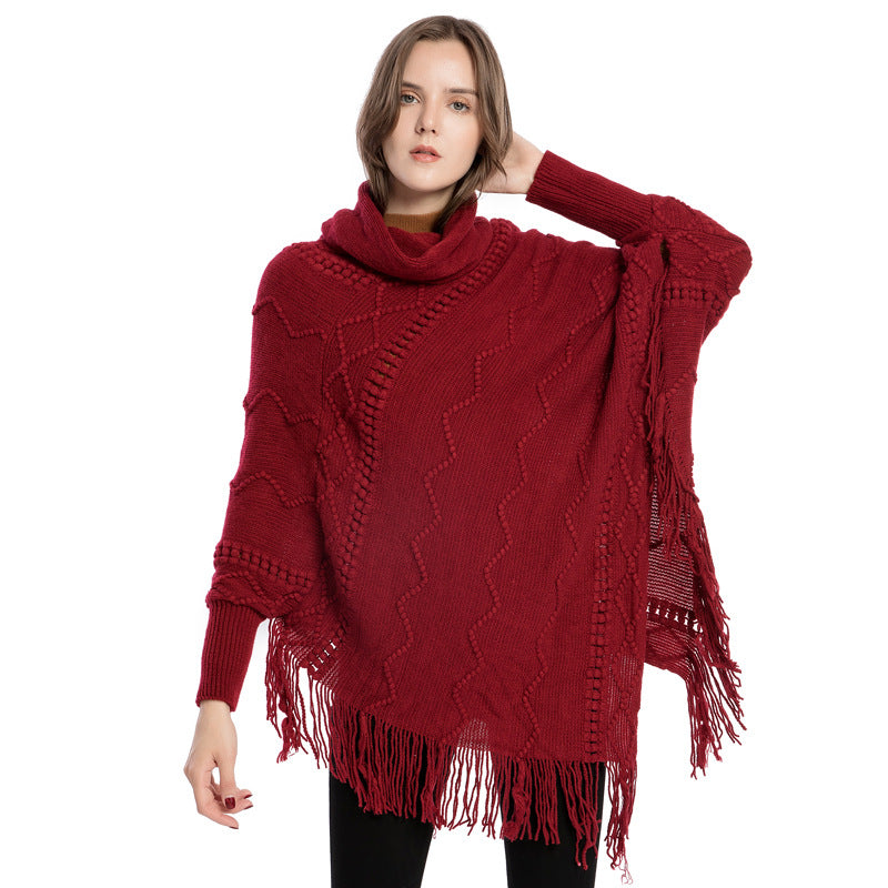 Acrylic Fringed Sweater High Collar Warm Sleeve Pullover Cloak - myETYN