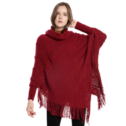 Acrylic Fringed Sweater High Collar Warm Sleeve Pullover Cloak - myETYN