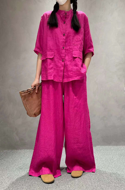 Women's Linen Co-Ord Set | Half Sleeve Shirt & Wide-Leg Pants