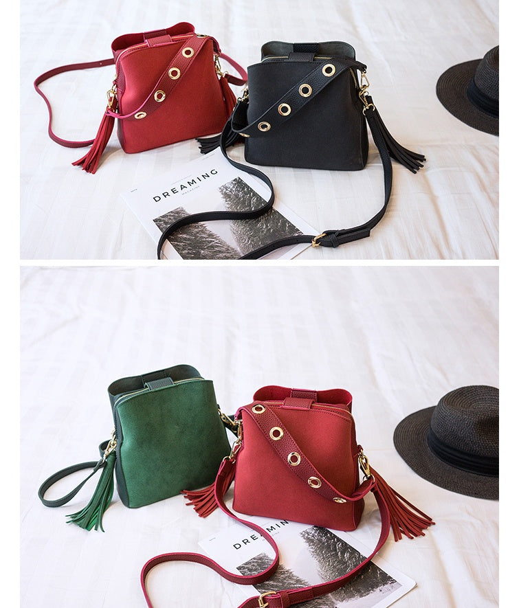 Spring new frosted tassel bucket bag Korean version of the wild shoulder bag female handkerchief retro Messenger