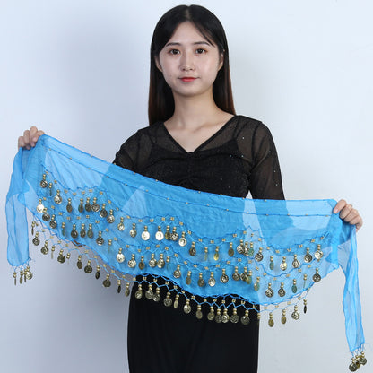 98 Coins Belly Dance Waist Chain Chiffon Three-layer Gold Coin Belt Indian Dance Exercise And Performance Hip Scarf Scarf