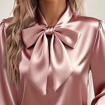 Women’s Elegant Satin Bow Blouse – Long Sleeve Casual Shirt for Spring & Fall