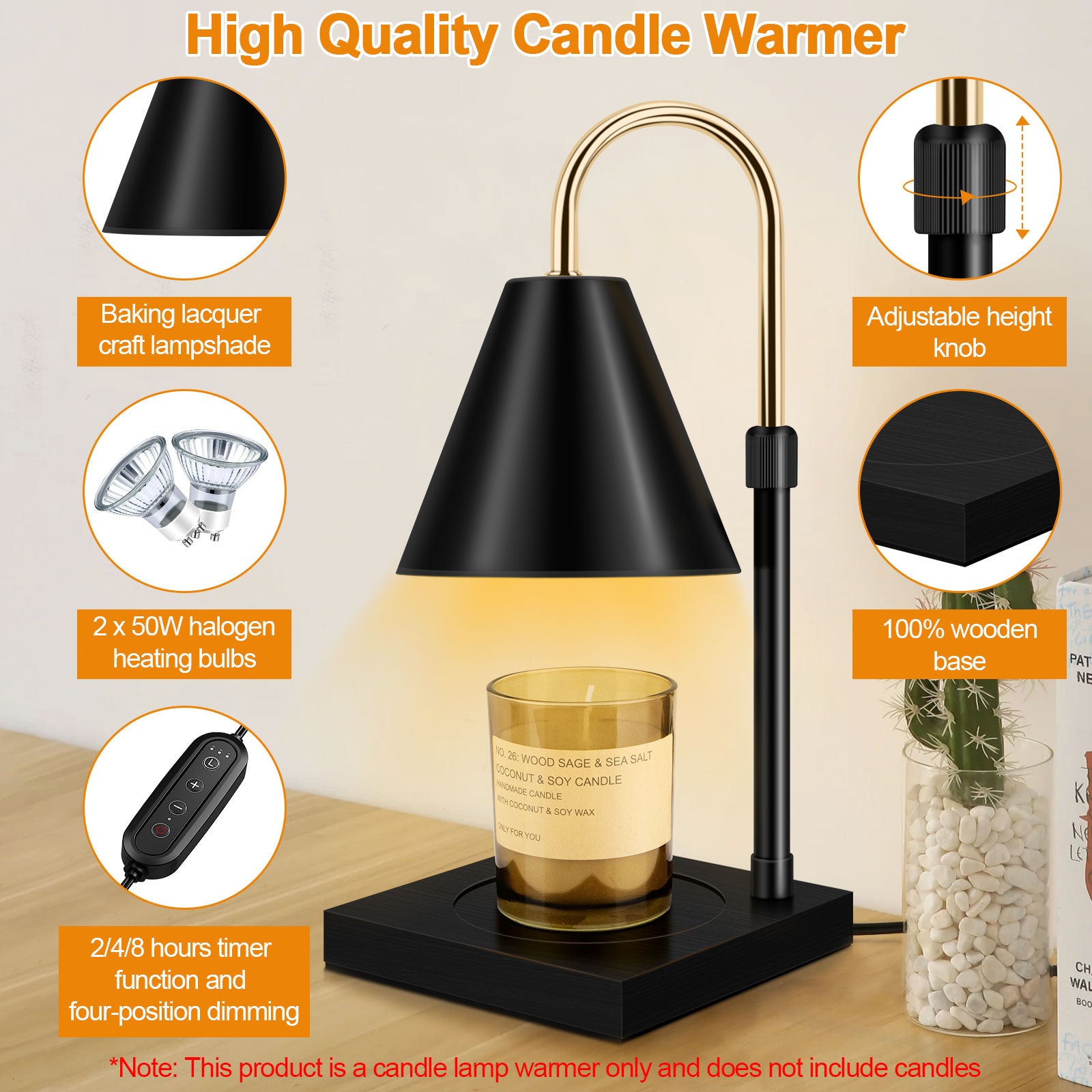 Candle Warmer, Candle Warmer Lamp With Timer Dimmable And Adjustable Height Candle Lamp Warmer Compatible With Jar Candles For Home Decor Electric Wax Melter Warmer, Wooden Base Black - myETYN