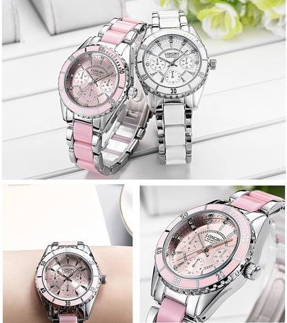 Hot sale watch female models three eyes ceramic steel belt watch waterproof luminous quartz ladies watch