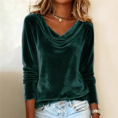Elegant Velvet Long Sleeve Blouse for Women | Solid Color Loose Fit Pullover Top for Fall & Spring Party Wear