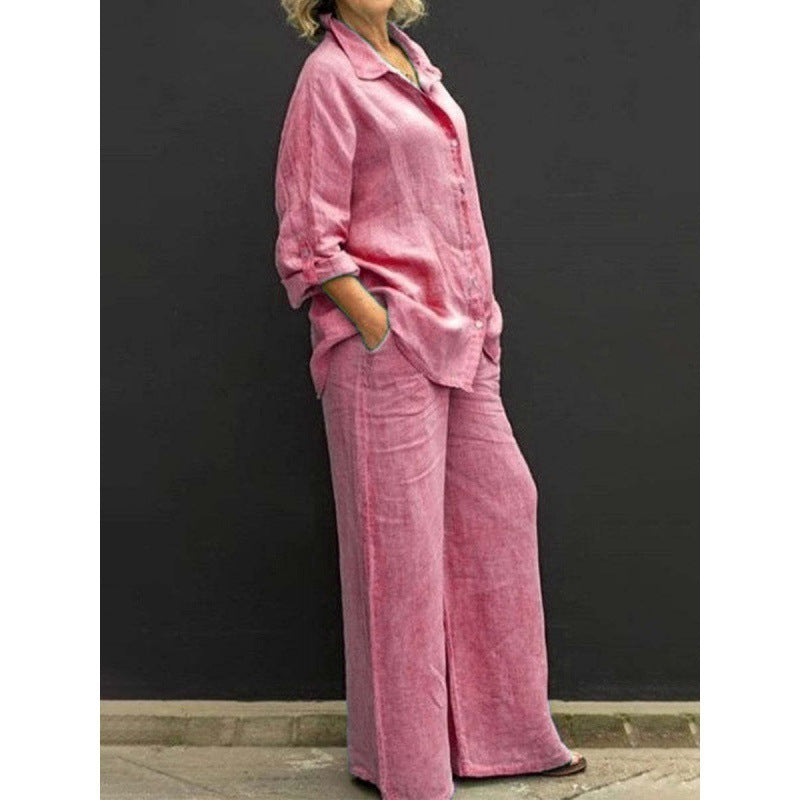 Women's Solid Color Casual Shirt Pants Suit