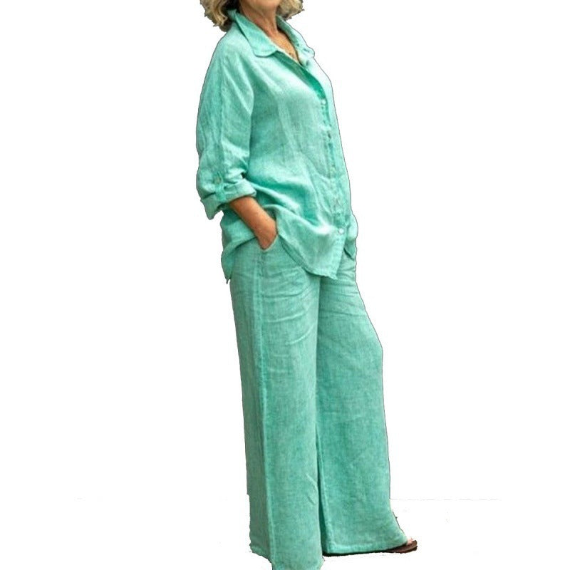 Women's Solid Color Casual Shirt Pants Suit