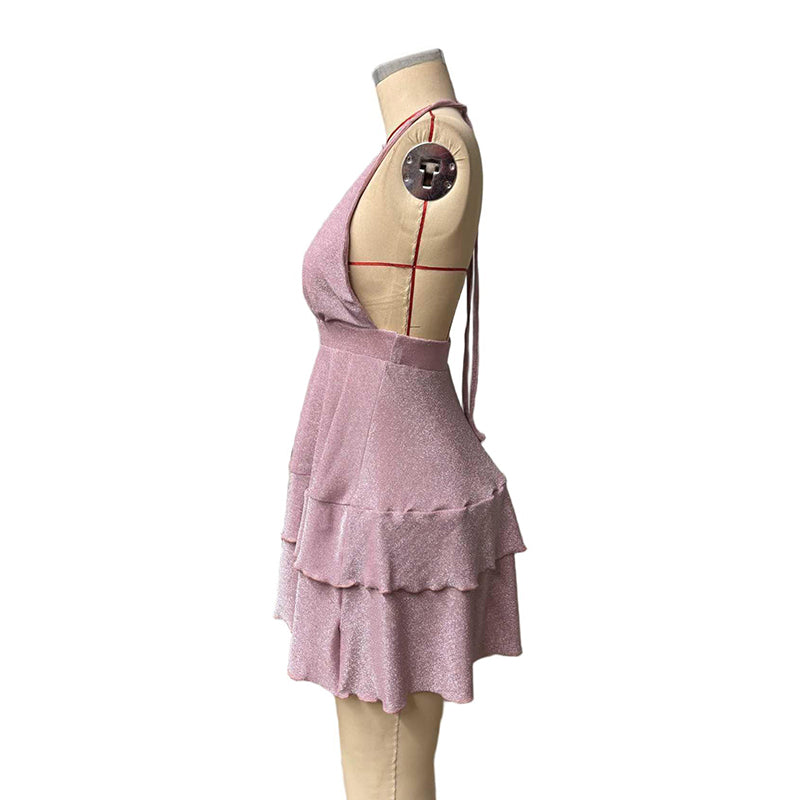 Women's Sparkly Halter Deep V Neck Backless Ruffle Sleeveless Sexy Mini Dress