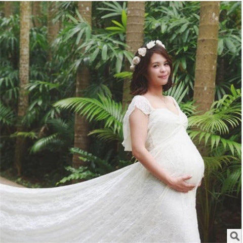 One-shoulder wedding dress Korean lace maternity dress - myETYN