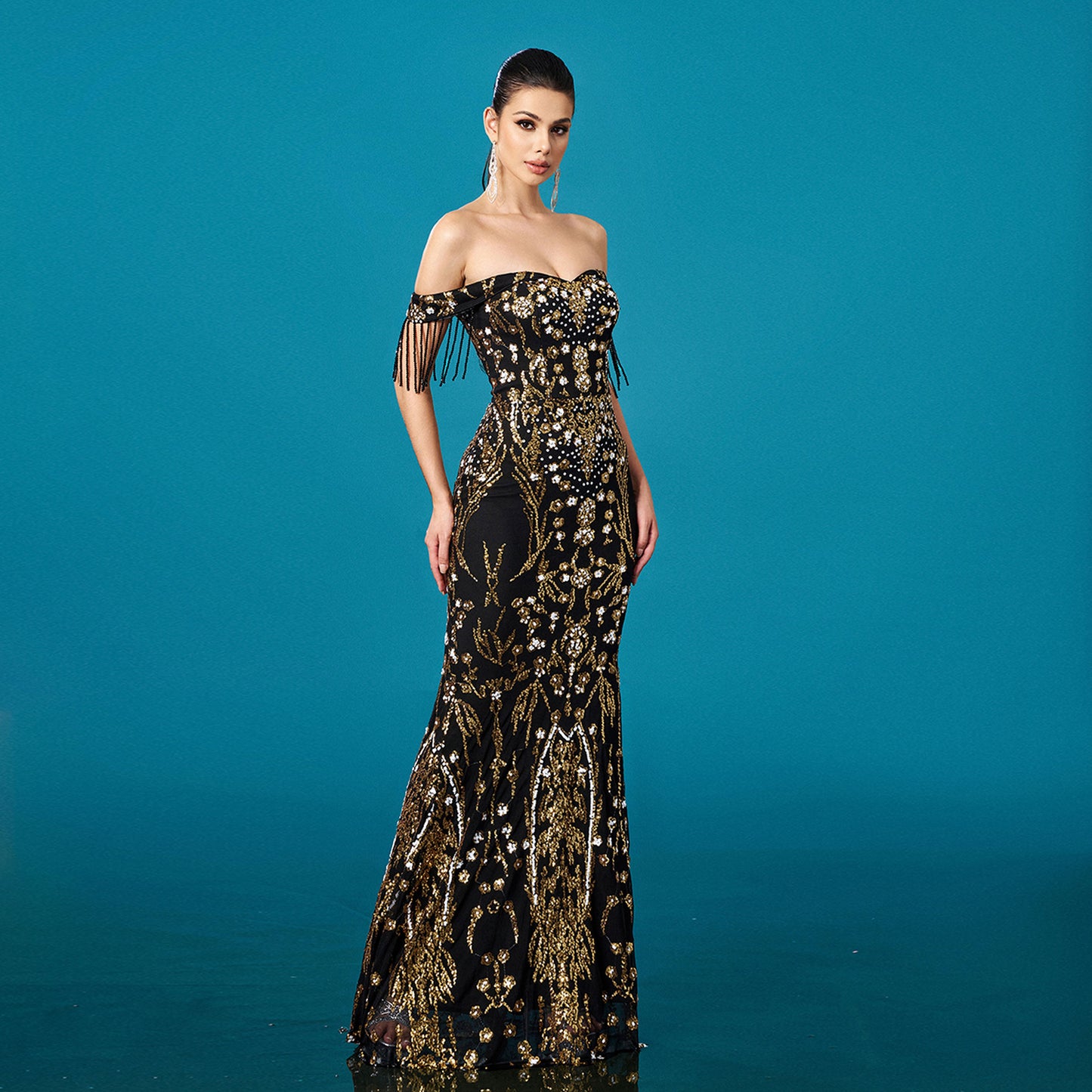 Off-Shoulder Tassel Sequin Fishtail Evening Dress
