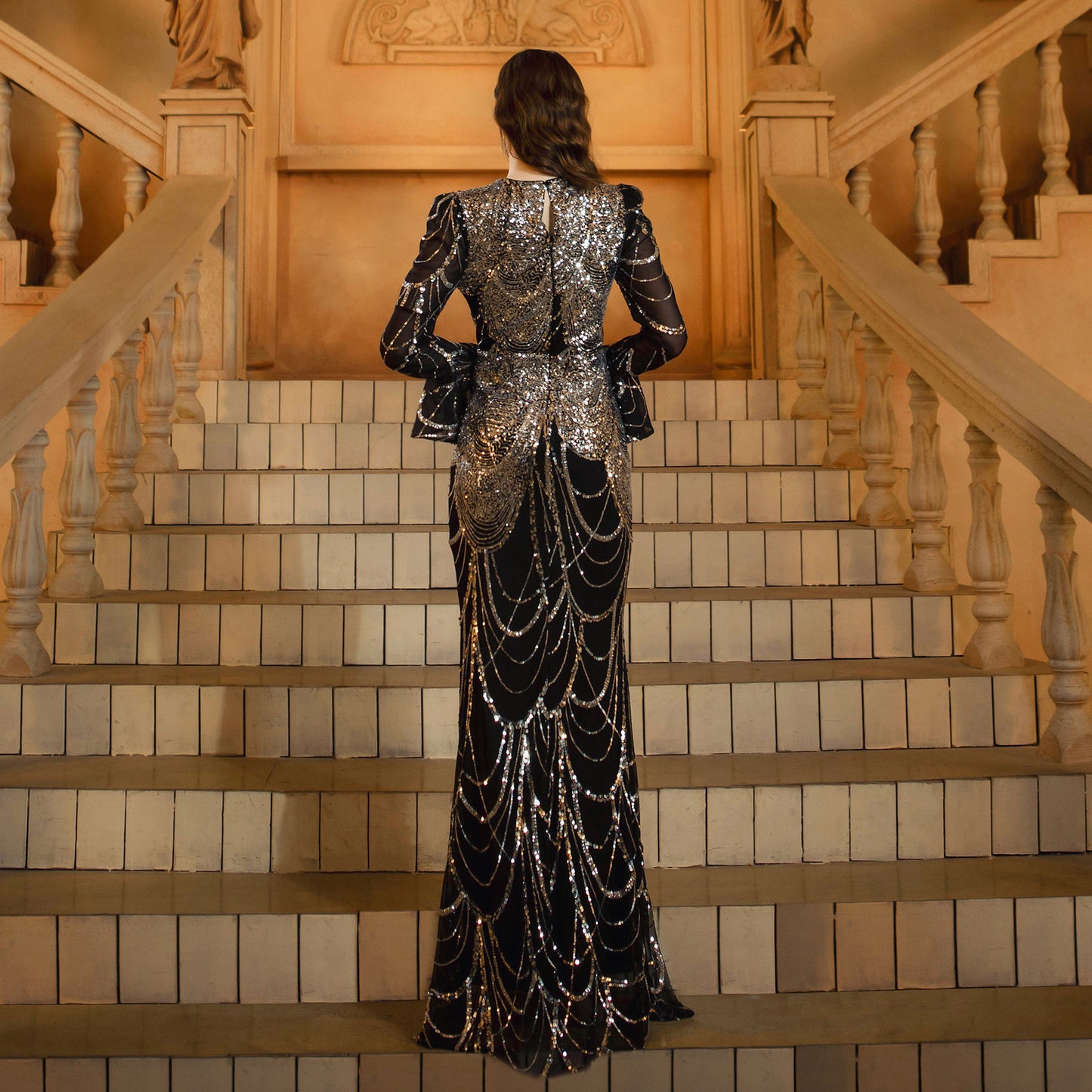 Long Sleeve Round Neck Slim-Fit Sequined Fishtail Evening Dress – Black Silver Gown