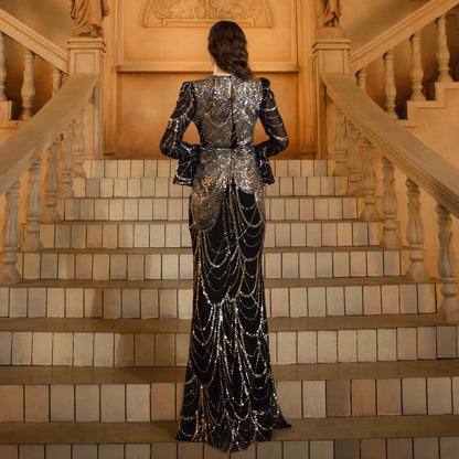 Long Sleeve Round Neck Slim-Fit Sequined Fishtail Evening Dress – Black Silver Gown