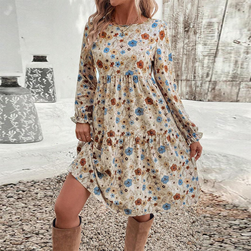 Women's Floral Print Boho Dress – Round Neck, Smocked Cuff, Midi Length