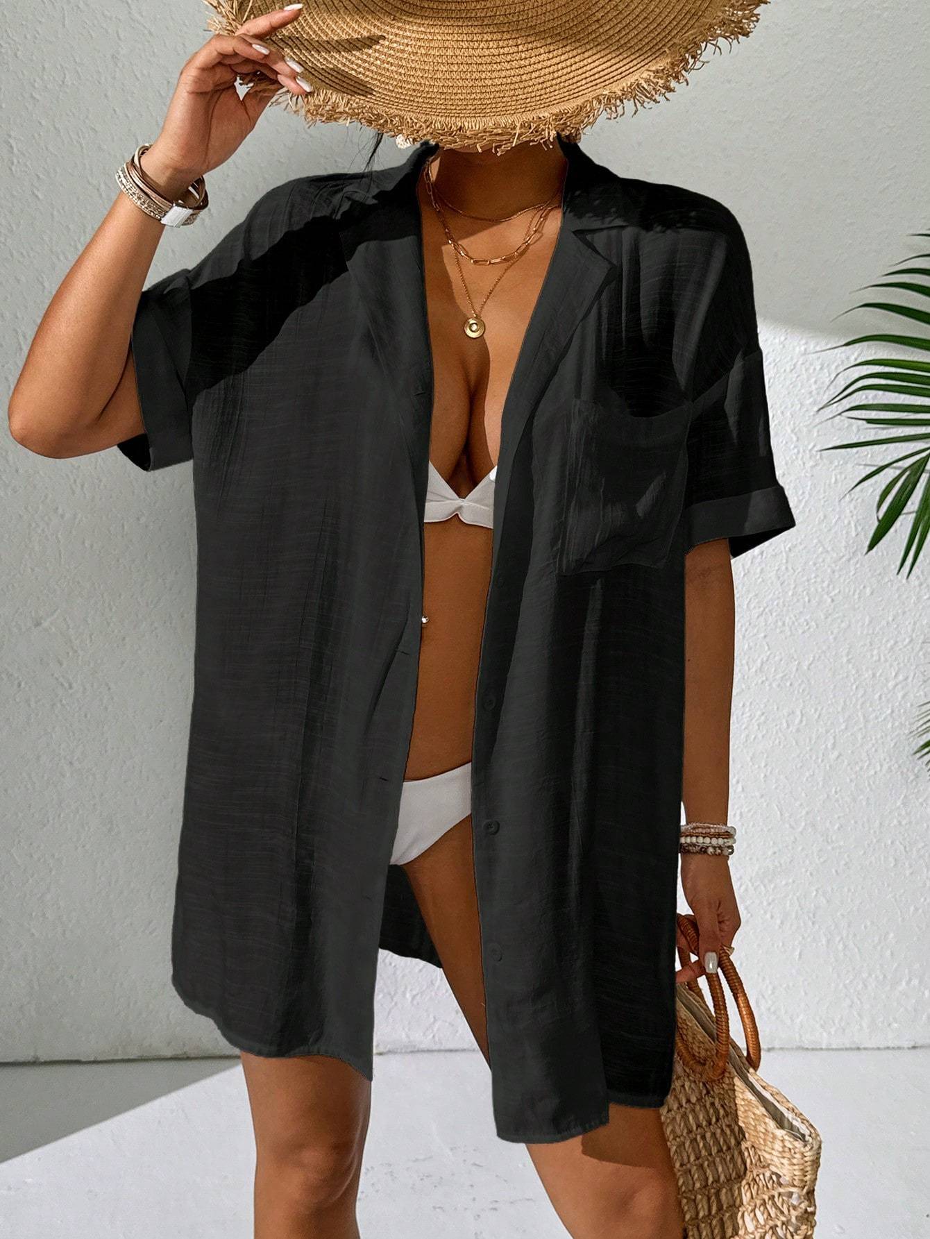 Women Simple Solid Color Short Sleeve Kimono Cover Up