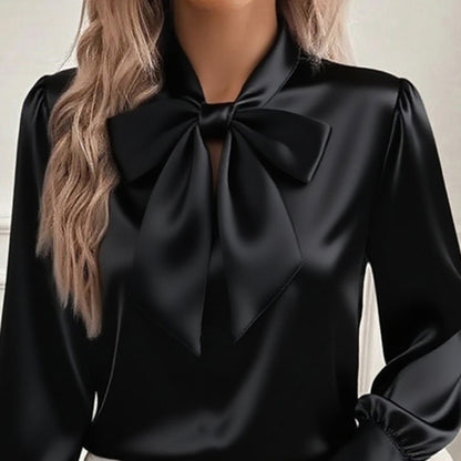 Women’s Elegant Satin Bow Blouse – Long Sleeve Casual Shirt for Spring & Fall