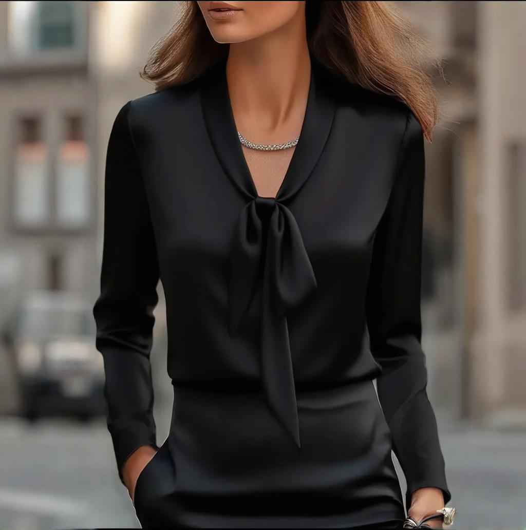 Women’s Elegant Satin Blouse with Ribbon Tie – Long Sleeve Button-Down Office Shirt | Business Casual Silk-Look Top