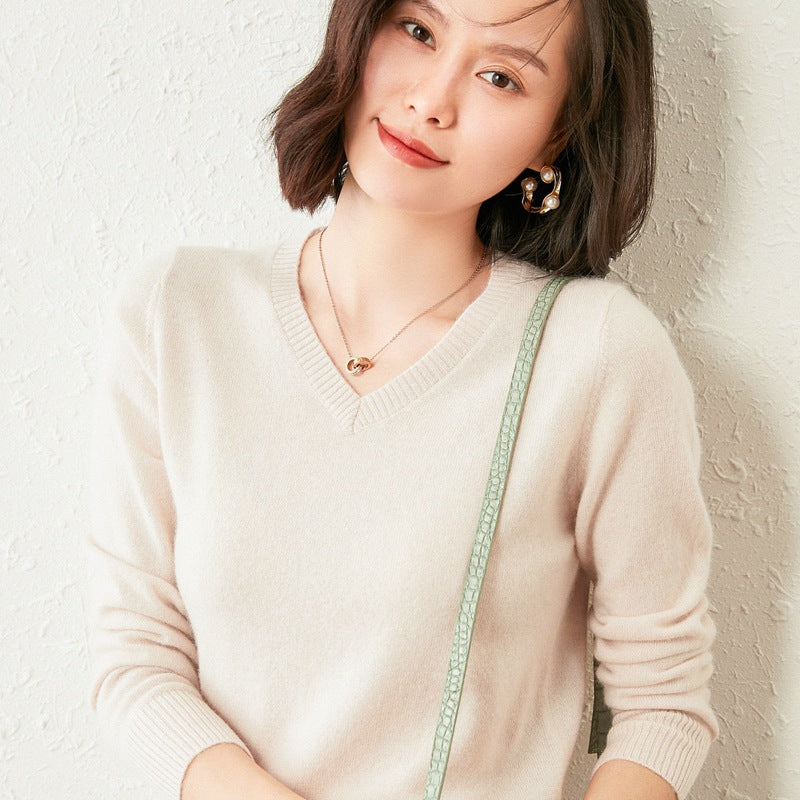 Women’s V-Neck Cashmere Sweater – Solid Color, All-Match Style
