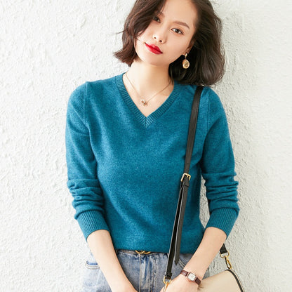Women’s V-Neck Cashmere Sweater – Solid Color, All-Match Style