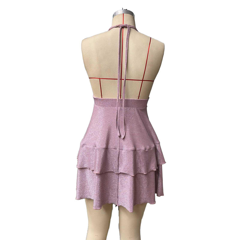Women's Sparkly Halter Deep V Neck Backless Ruffle Sleeveless Sexy Mini Dress