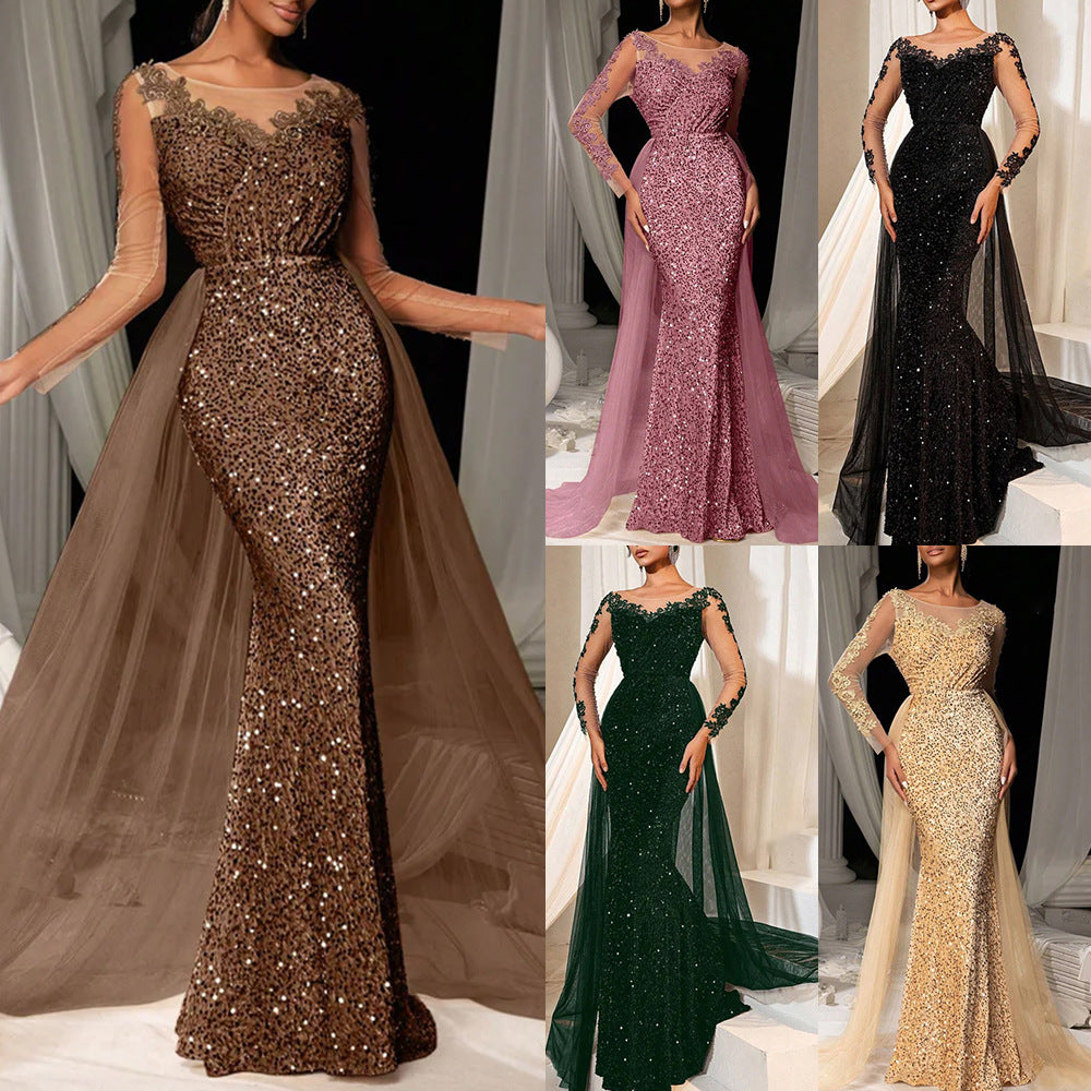 Women’s Lace Party Evening Dress – Long Sleeve Mid-Waist Maxi Gown