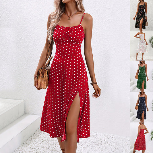 Women's Summer Polka Dot Slit Suspender Dress - Sexy Long Dress