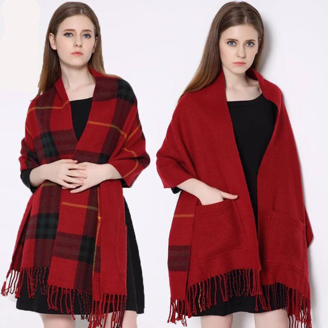 Cashmere Fringe Plaid Shawl with Pocket - myETYN