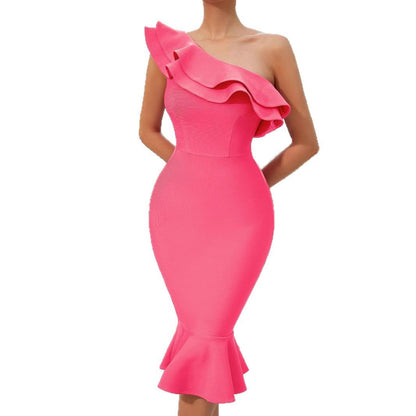 European & American Fashionable Off-Shoulder Bandage Dress – Ruffled Evening Dress