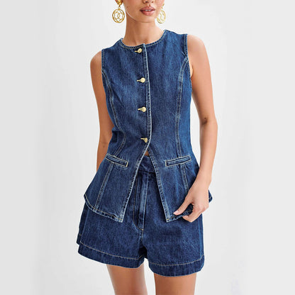 Fashion Denim Suit - Summer Casual Sleeveless Button Vest Top and High Waist Shorts Set for Women