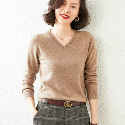 Women’s V-Neck Cashmere Sweater – Solid Color, All-Match Style