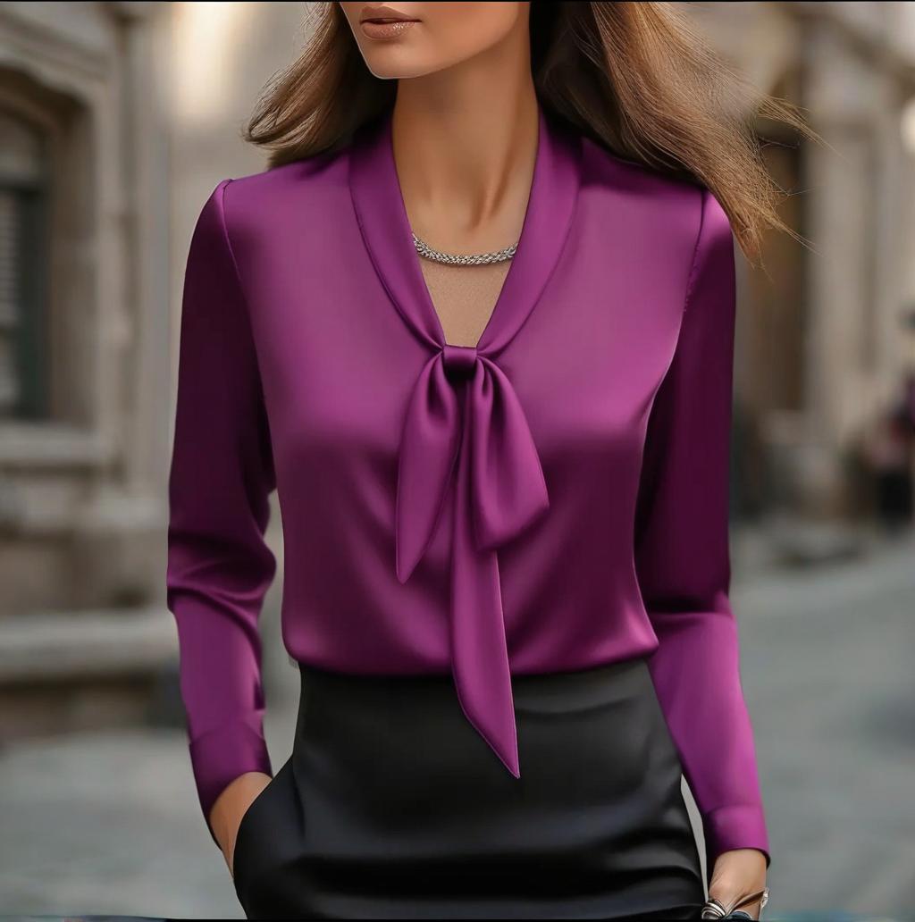 Women’s Elegant Satin Blouse with Ribbon Tie – Long Sleeve Button-Down Office Shirt | Business Casual Silk-Look Top