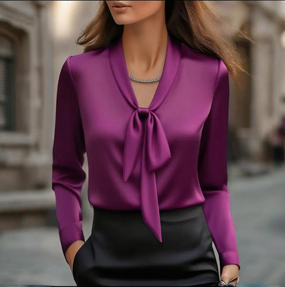 Women’s Elegant Satin Blouse with Ribbon Tie – Long Sleeve Button-Down Office Shirt | Business Casual Silk-Look Top
