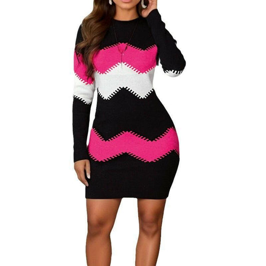 Mid-length Short Skirt Round Neck Long Sleeve Printed Knitted Sheath Dress - myETYN