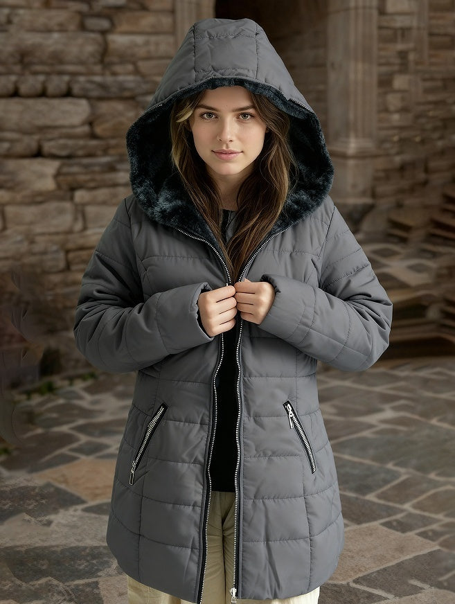 Ladies' Hooded Long-Sleeved Warm Cotton-Padded Jacket with Fleece