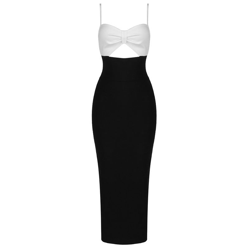 Fashion Waist Hollow Design New Sexy Solid Color V-Neck Halter Celebrity Party Club Bandage Long Dress