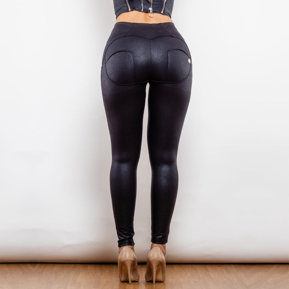 Shascullfites Melody High Waist Crackle Black Coated Lifting Pants Ring Zipper Bum Lift Leggings Push Up Leggings - myETYN