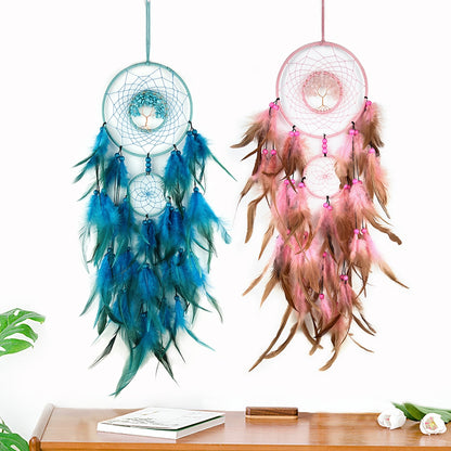 Indian Feather Dreamcatcher Colorful Crystal Stone Hand-woven Wind Chimes