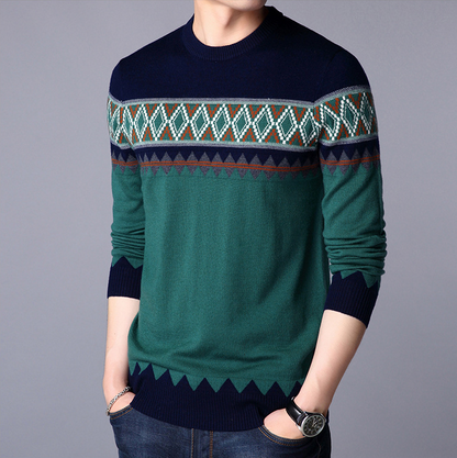 Men Knitted Pullover Round Neck Color Block Wool Top - myETYN