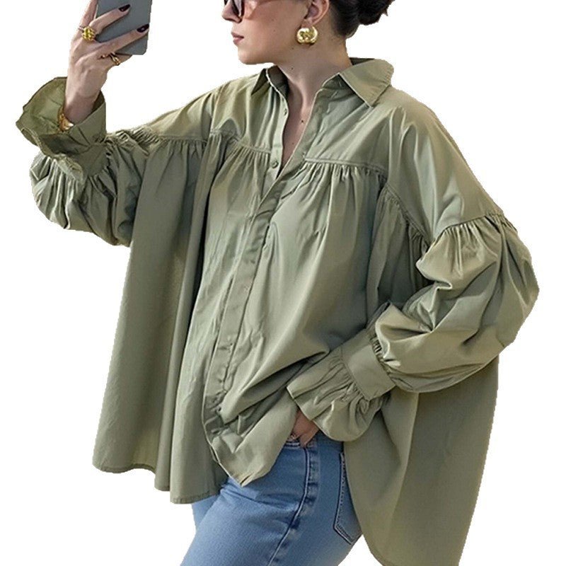 Women's Pleated Lapel Splicing Solid Color Blouse