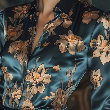 Women’s Elegant Satin Lapel Long Sleeve Shirt – Tapered Waist Design with Luxurious Sheen