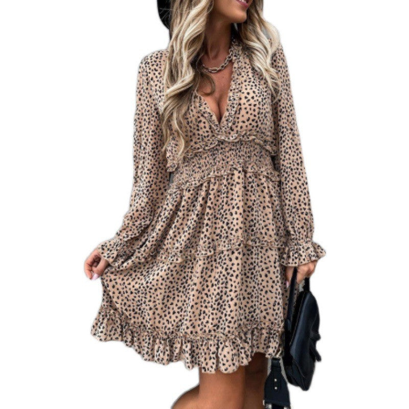 Long Sleeve Elastic Waist Ruffle Print Dress