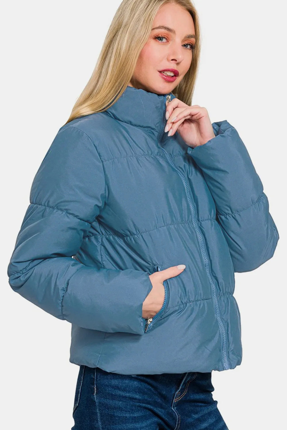 Zenana Zip Up Turtleneck Puffer Jacket With Pockets