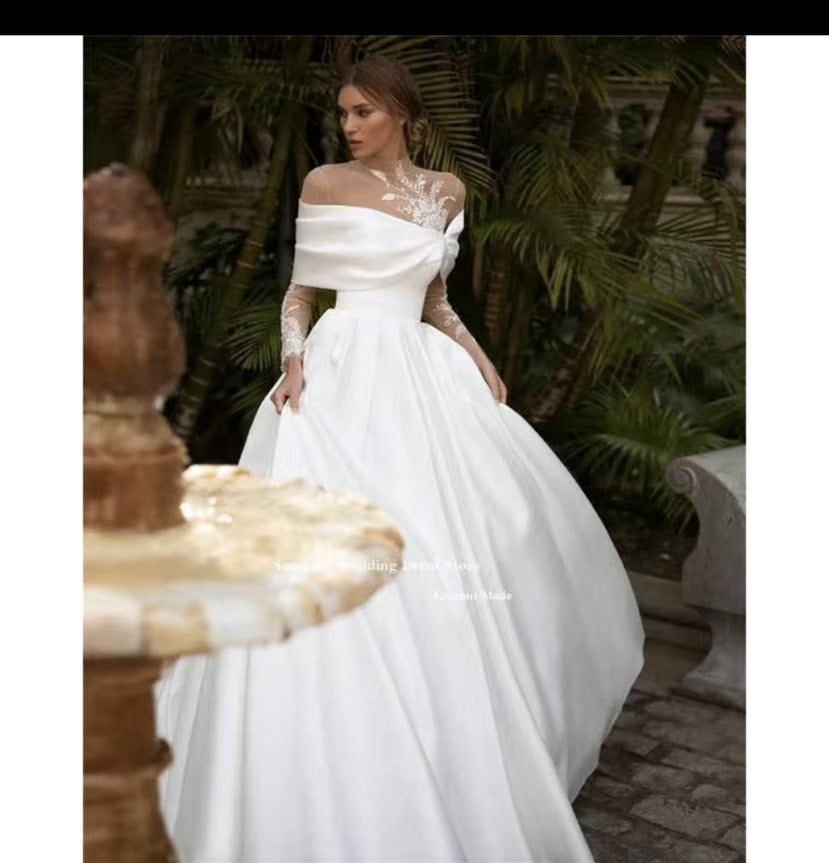 Women’s White Satin Wedding Dress with Raglan Long Sleeves and Tutu Skirt
