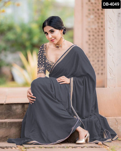 Trendy Georgette Saree with Embroidery and Lace Border | Pearl & Reverse Diamond Blouse