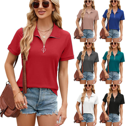 Summer Short Sleeve T-shirt - Casual Loose Solid Color Zipper and Lapel Top for Women