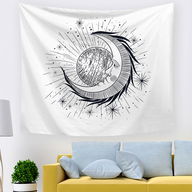 Sun And Moon Tapestry Black And White Burning Sun With Stars Tapestry Psychedelic Wall Tapestry Indian Tapestry For Room decor