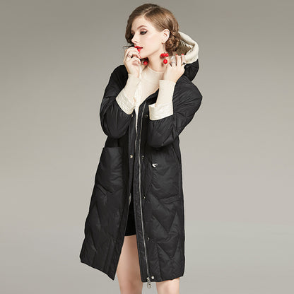 Women’s Patchwork Straight Down Jacket – Hooded Long Winter Coat